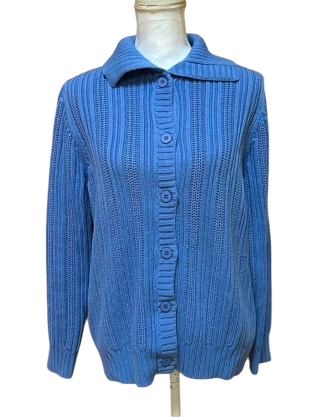 LLBean Women’s Blue Chunky Cable Knit Cotton Button Down Front Cardigan Large